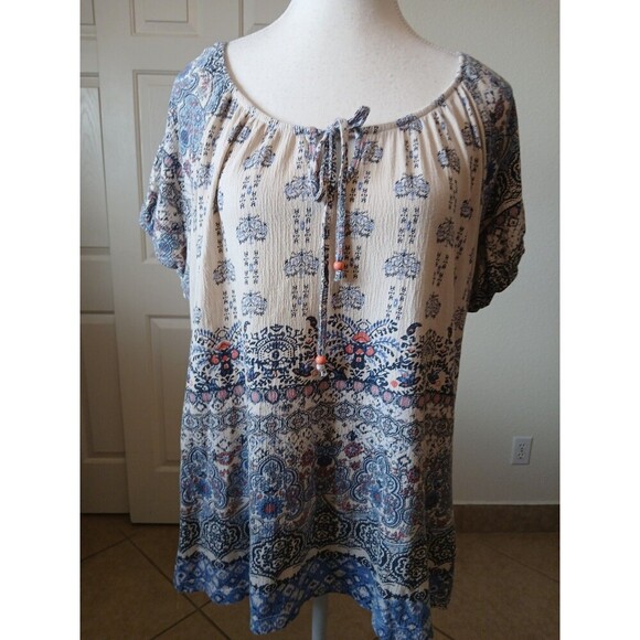I.B Diffusion Womens Blouse Blue Floral Short Sleves Size Large - Picture 1 of 13